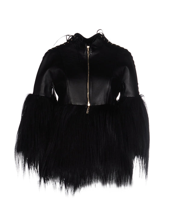 MANGANO Black Leather Fur Jacket Sz 40