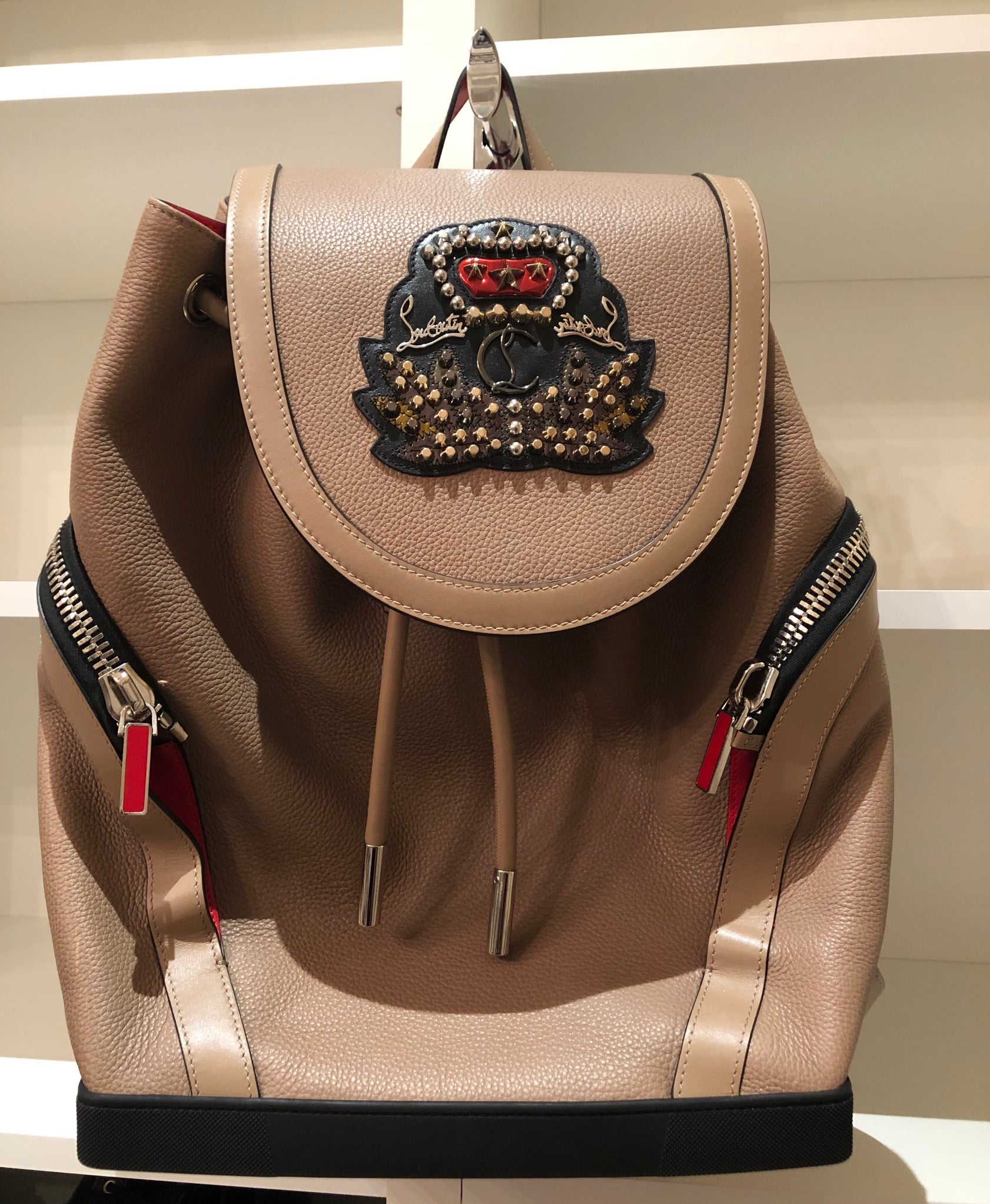 Christian Louboutin Explorafunk Studded Taupe Leather Backpack