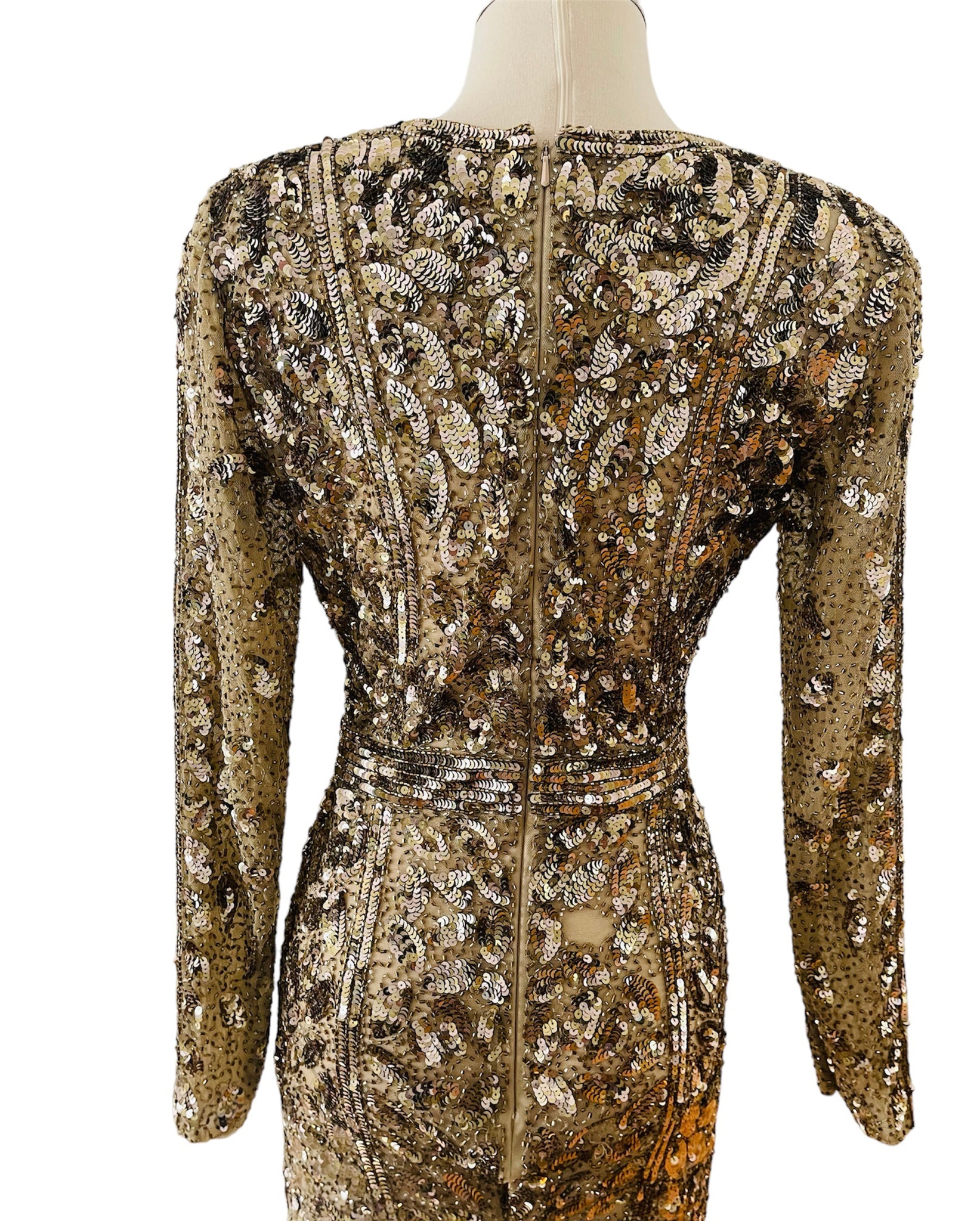 Designer Gold Sequin Beaded Dress Gown Sz Small Designer Gold Sequin Beaded Dress Gown Sz Small