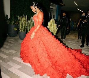 Custom Designer Red Lace Crystal Ruffle Gown Dress Sz Med