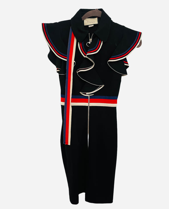 Gucci Black Ruffle Zip Dress Sz XS