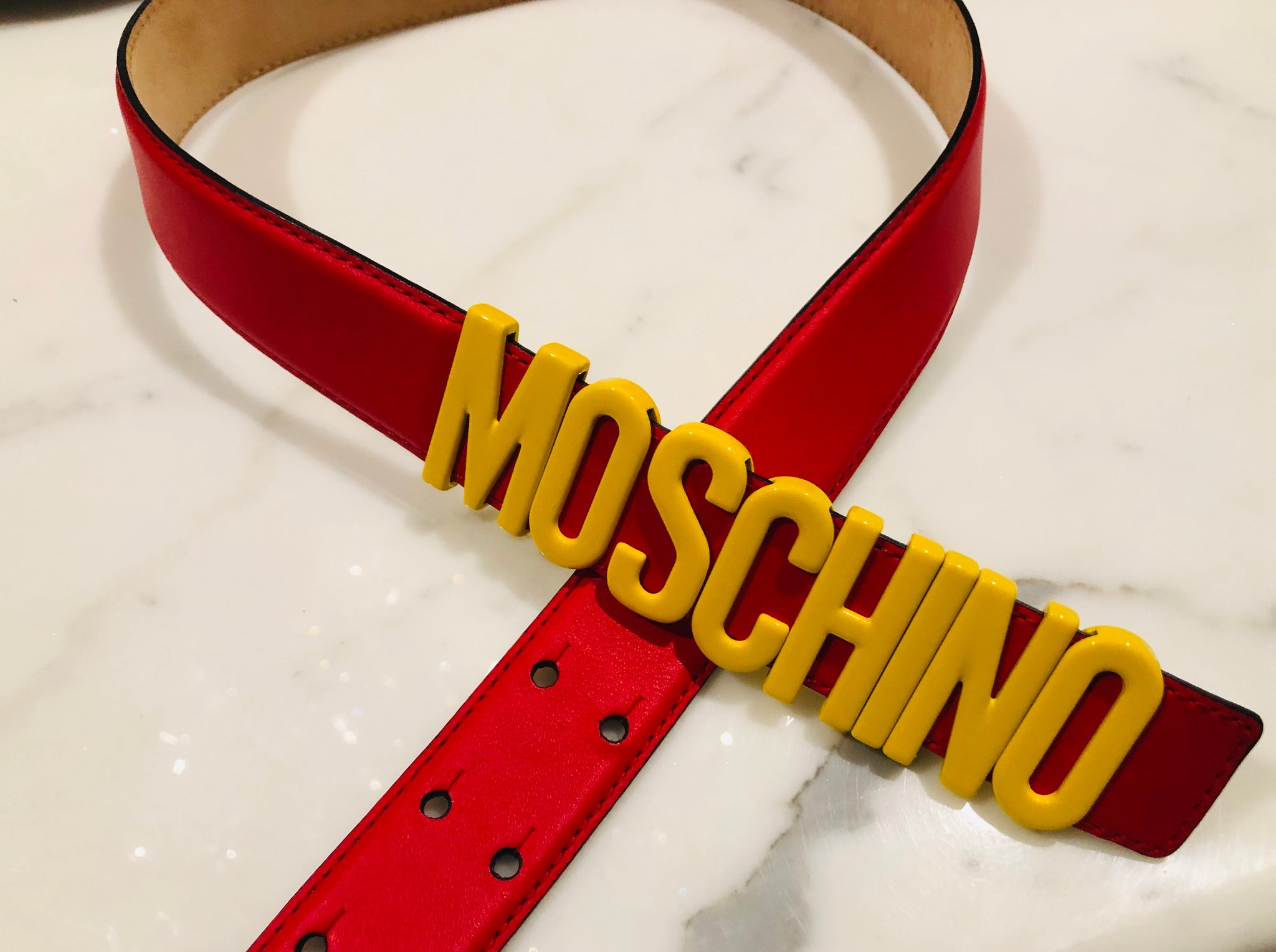 New Moschino Logo Leather Belt Red Sz 38 Moschino Fast Food Leather Logo Belt Sz 38 – Wopsters Closet main image 3
