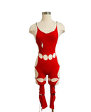 Designer Red Cutout Beaded Catsuit Bodysuit